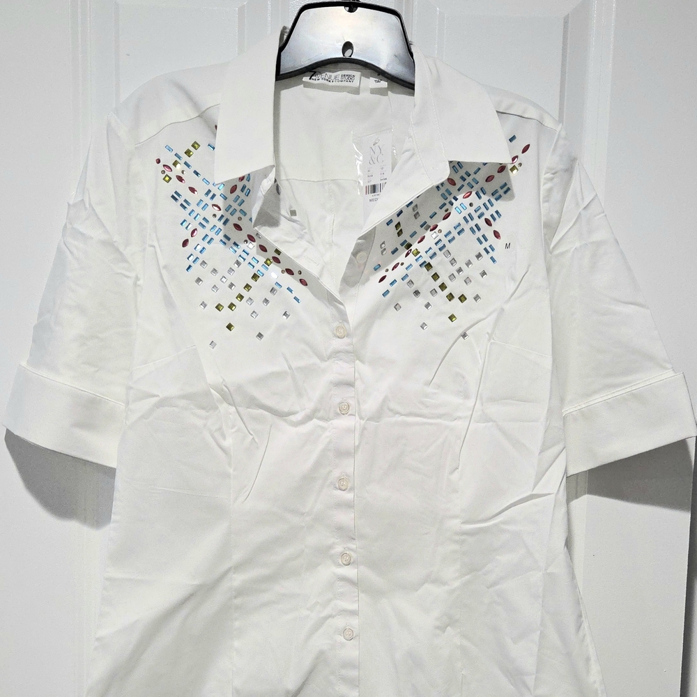 New York and Company White Short Sleeve Shirt with Colorful Embellishments